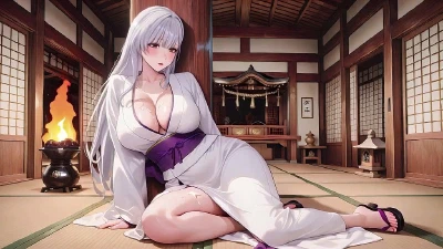Silver-Haired Miko Shrine Secrets! Half-Unbuttoned White Kimono, Kneeling Poses And Intense Eye Contact. You Won't Be Able To Look Away!