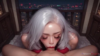 Cover for 'Exquisite Red Dress Hides The Luscious Body Of A White-Haired Girl Who Is Having Sweet Sex On The Balcony Near The Railing.[AI]'