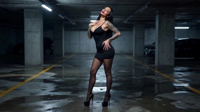 Sexy Brunette In Black Mini & Heels Underground Parking Tease - Hard Fuck & Facial AI Generated