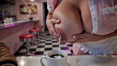 Waitress Serves Coffee With Her Breastmilk And Is Desperate For Sucking The Clients Milk (AI Generated)